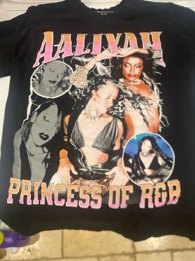 Aaliyah "Princess of R&B" Graphic Tee - Black with Pink/Orange Print